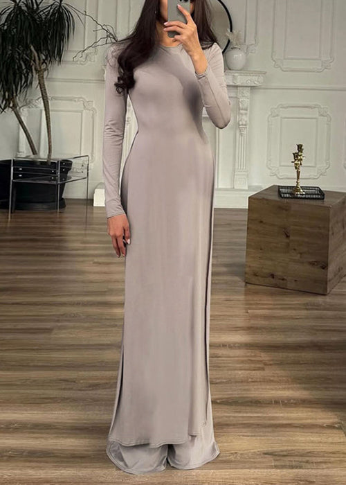 Grey Side Open Solid Cotton Two Pieces Set Spring O Neck