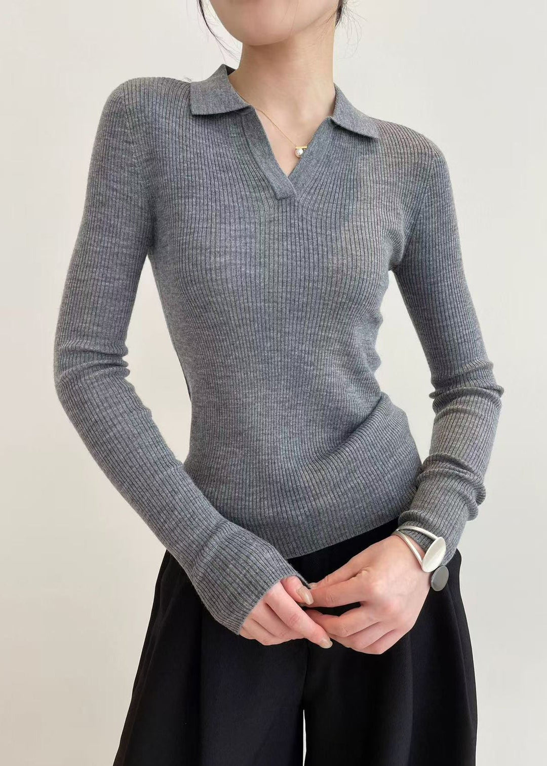 Grey Silm Fit Knit Sweaters Peter Pan Collar Spring