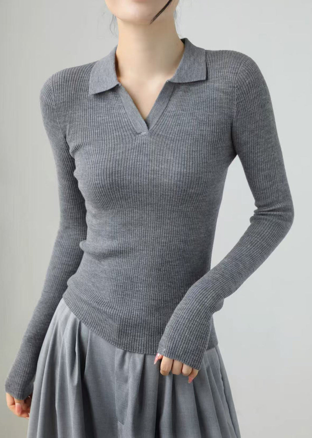 Grey Silm Fit Knit Sweaters Peter Pan Collar Spring
