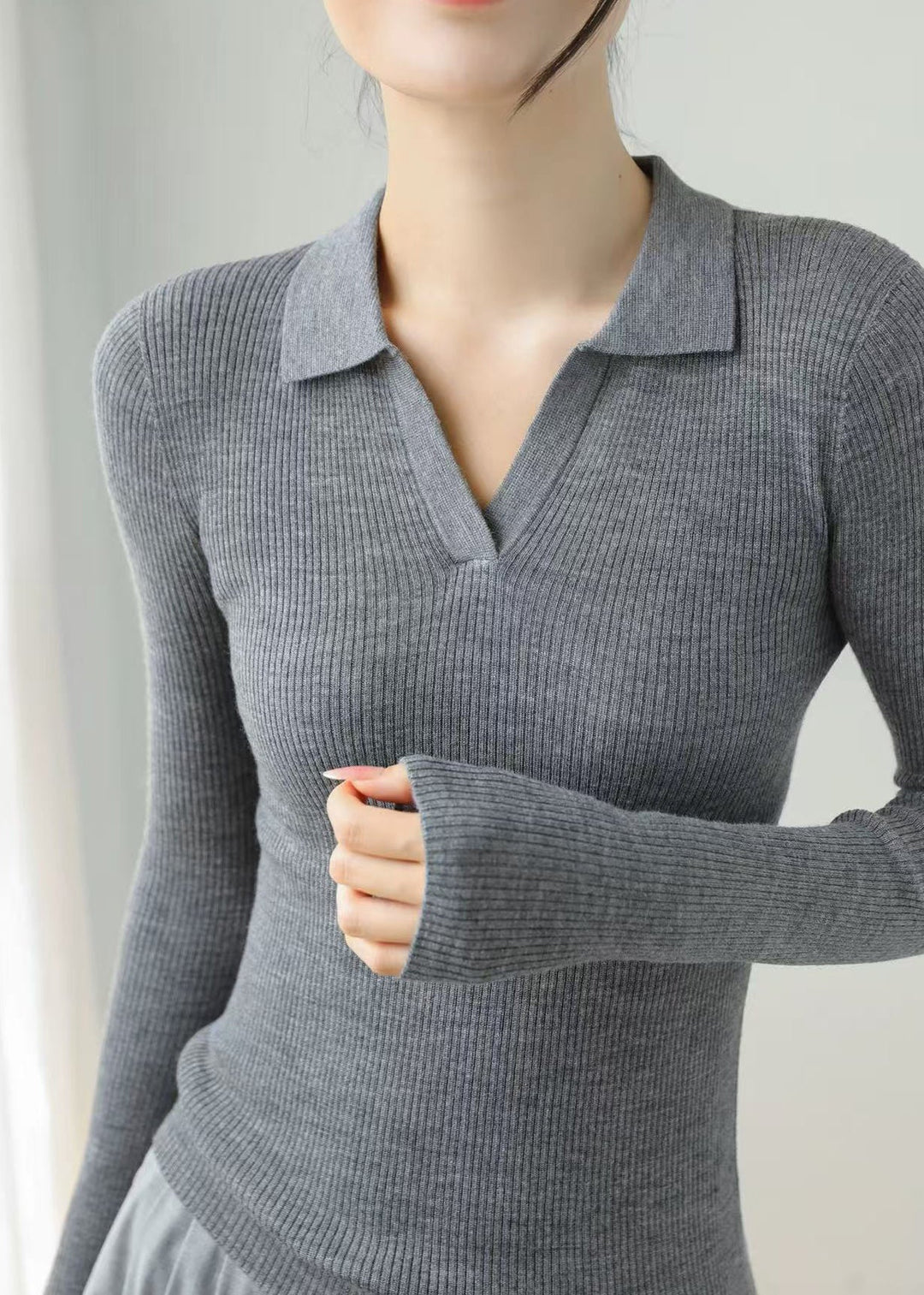 Grey Silm Fit Knit Sweaters Peter Pan Collar Spring