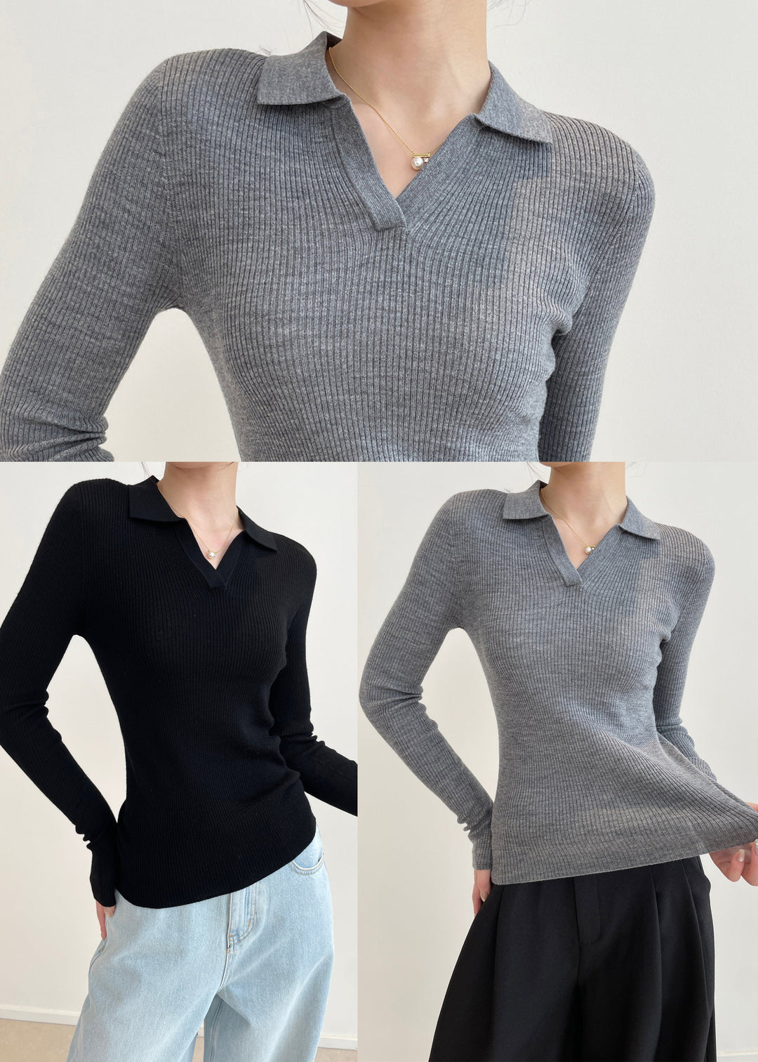 Grey Silm Fit Knit Sweaters Peter Pan Collar Spring