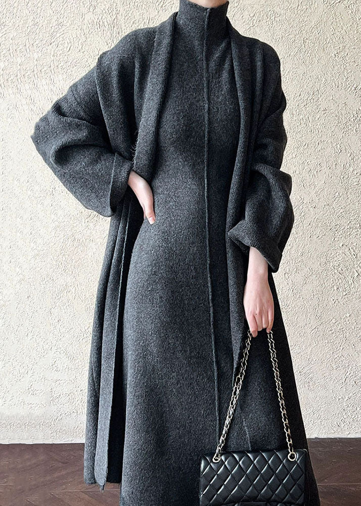 Grey Solid Cozy Knit Two Piece Set Turtleneck