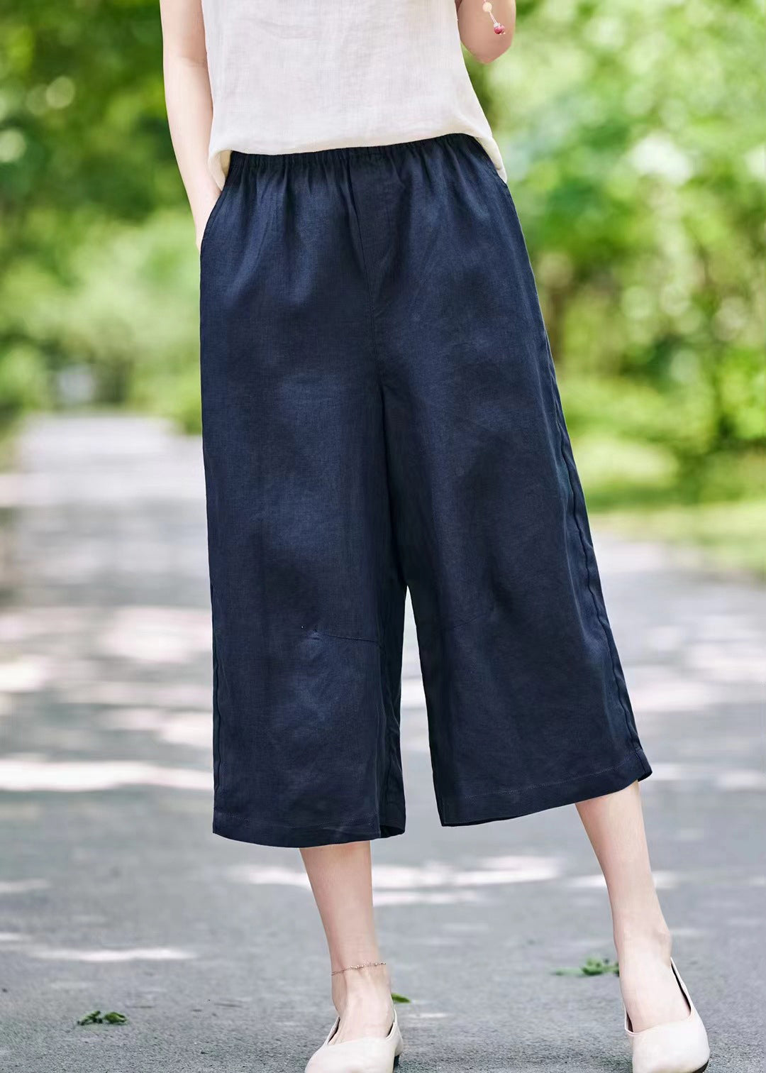 Grey Solid Linen Summer Wide Leg Pants Elastic Waist