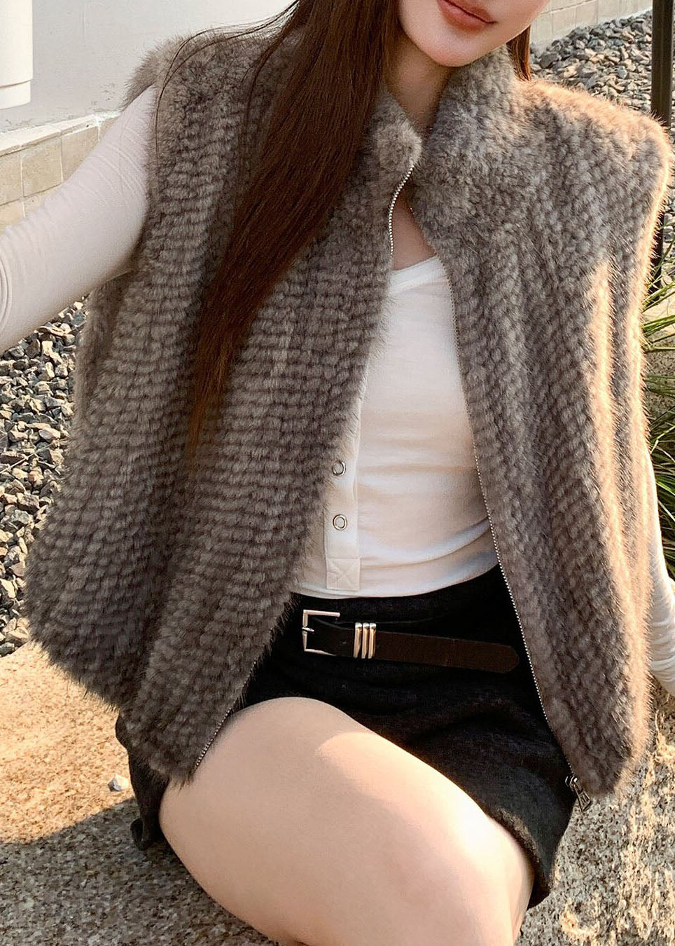 Grey Stand Collar Mink Hair Waistcoat Winter