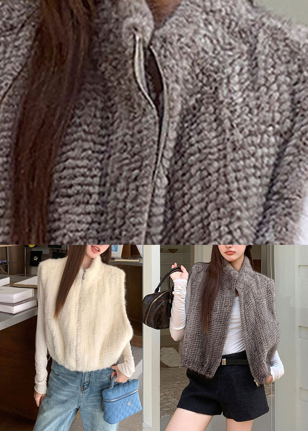 Grey Stand Collar Mink Hair Waistcoat Winter