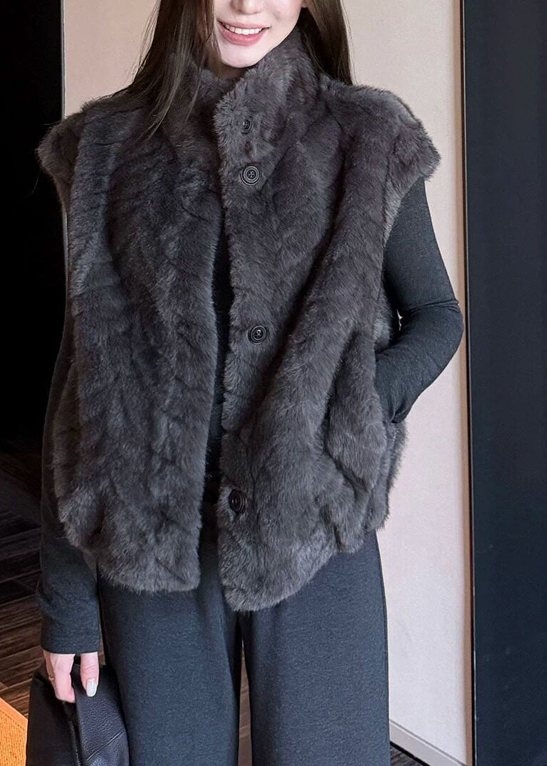 Grey Stand Collar Pockets Fuzzy Fur Waistcoat Winter