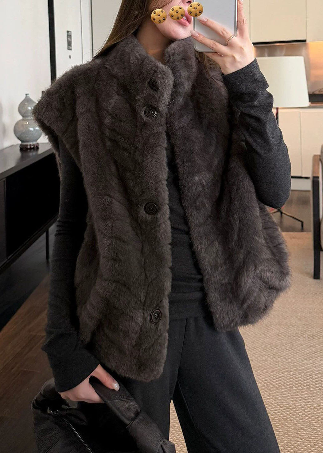 Grey Stand Collar Pockets Fuzzy Fur Waistcoat Winter