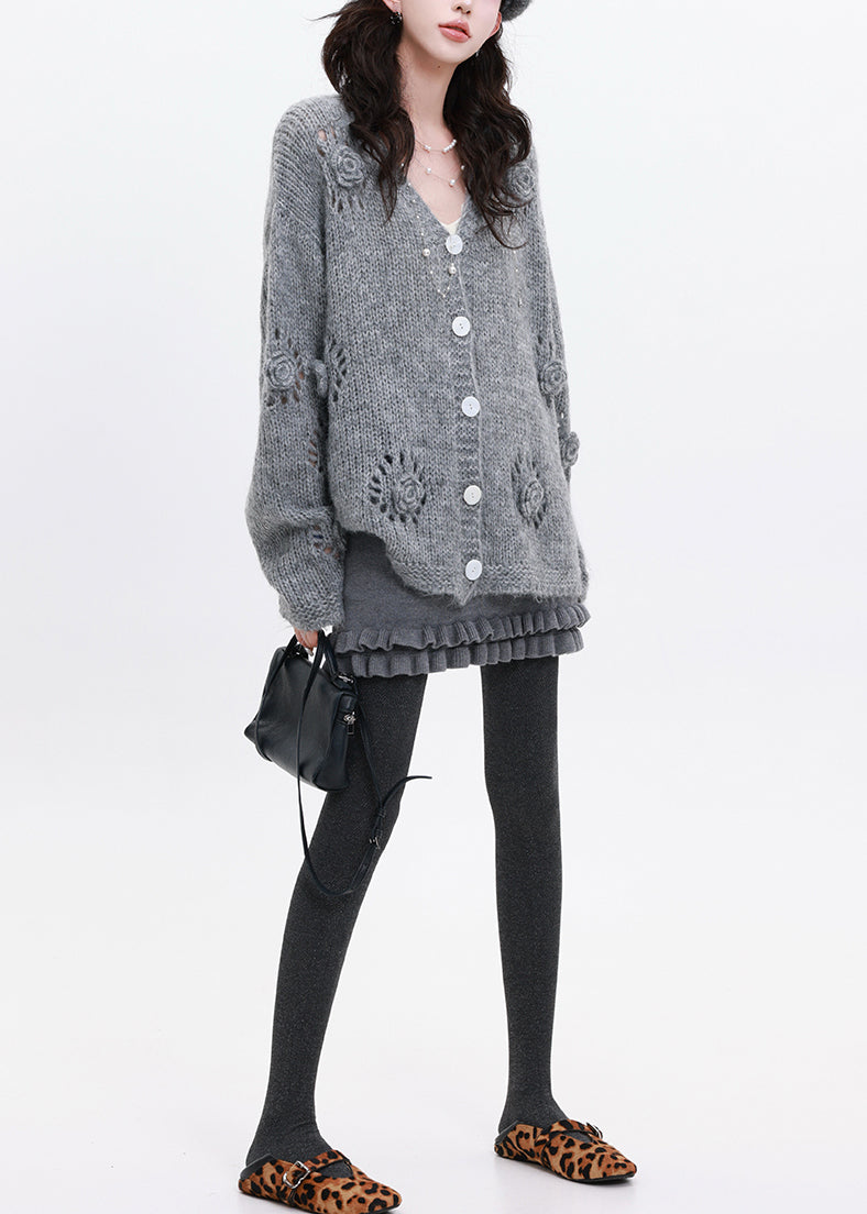 Grey Stereoscopic Floral Knit Loose Coat Oversized Winter