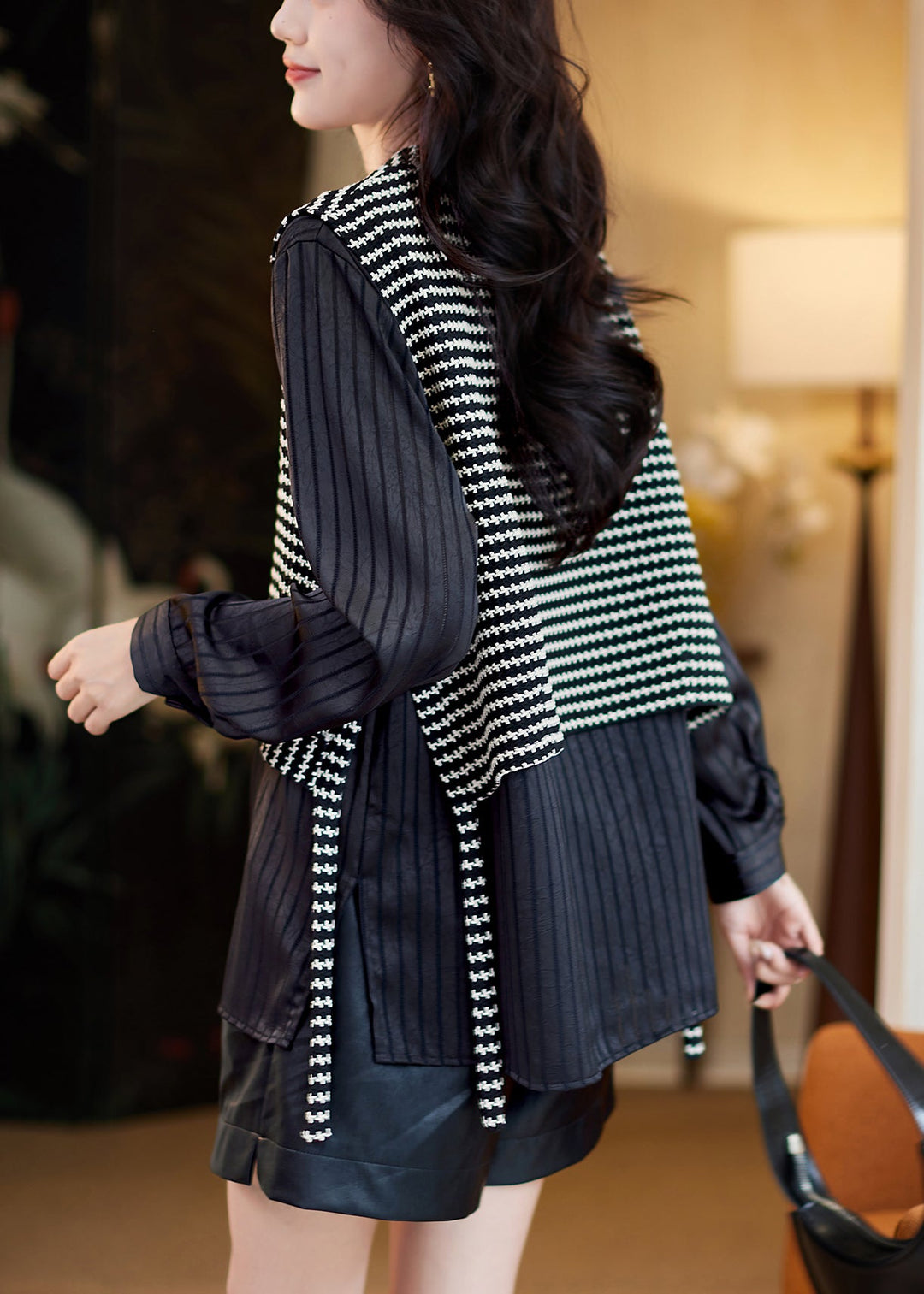 Grey Striped False Two Pieces Patchwork Cotton T Shirt Fall