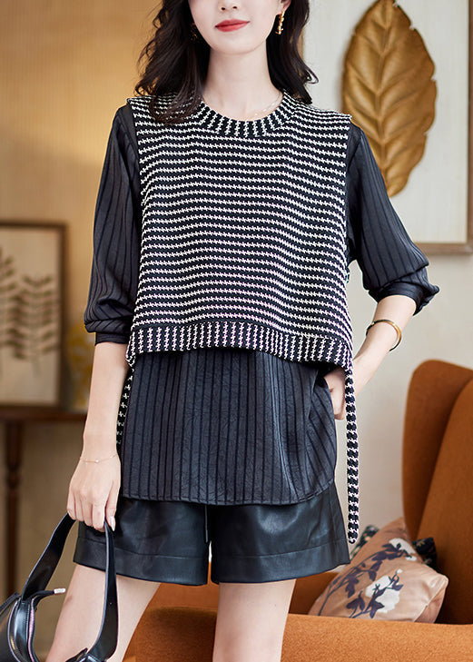 Grey Striped False Two Pieces Patchwork Cotton T Shirt Fall