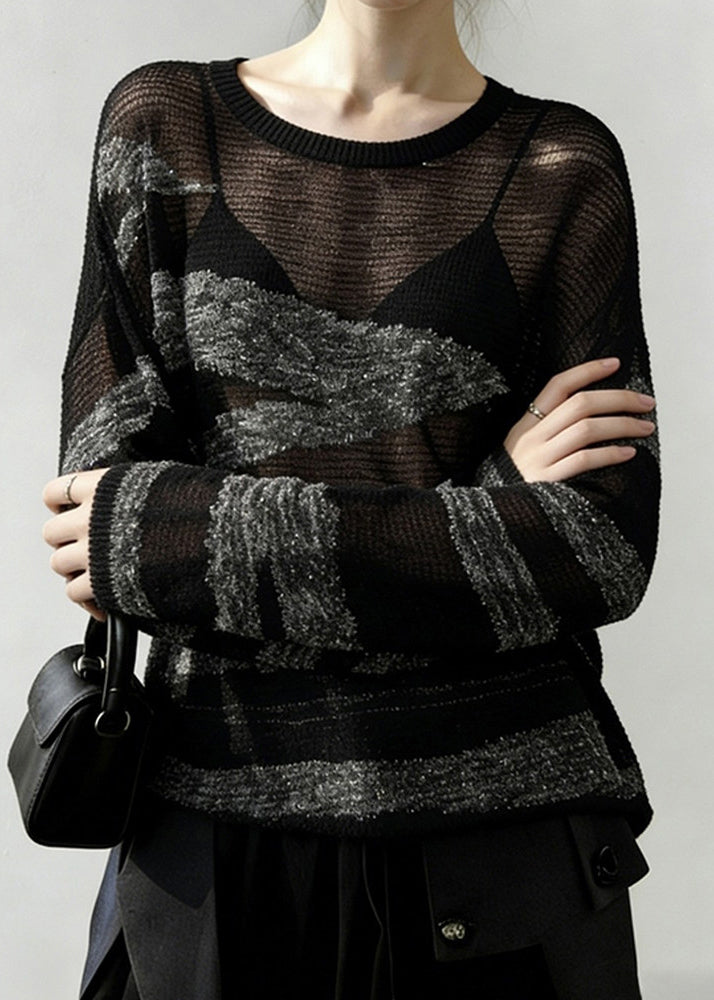 Grey Striped Patchwork Knit Sweater Hollow Out Spring