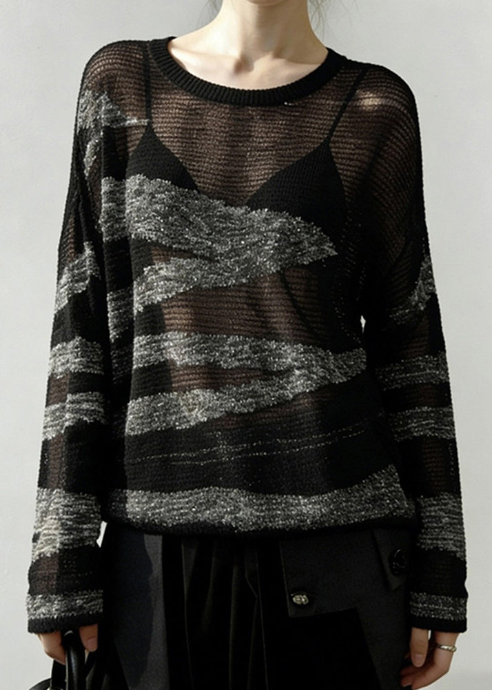 Grey Striped Patchwork Knit Sweater Hollow Out Spring