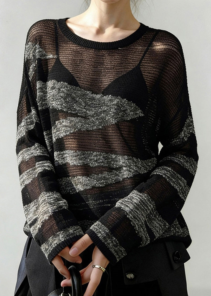 Grey Striped Patchwork Knit Sweater Hollow Out Spring