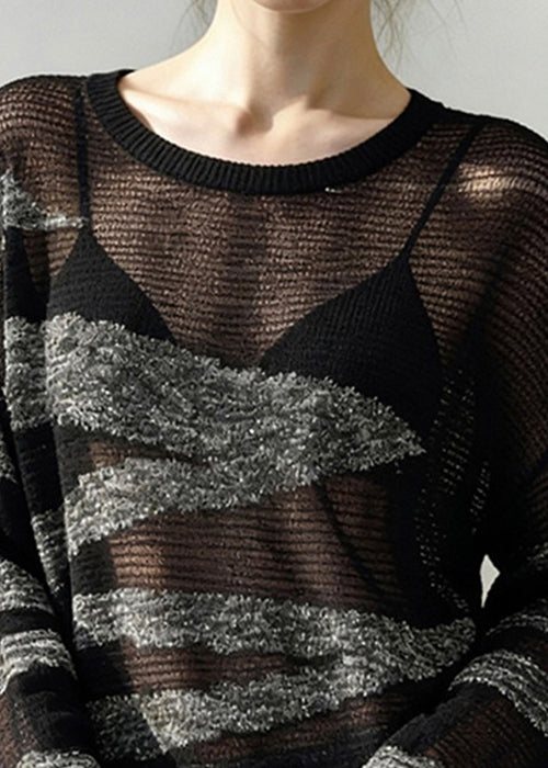 Grey Striped Patchwork Knit Sweater Hollow Out Spring