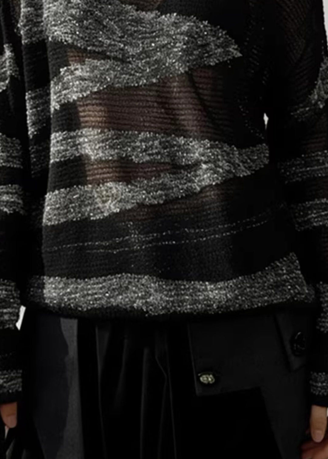 Grey Striped Patchwork Knit Sweater Hollow Out Spring