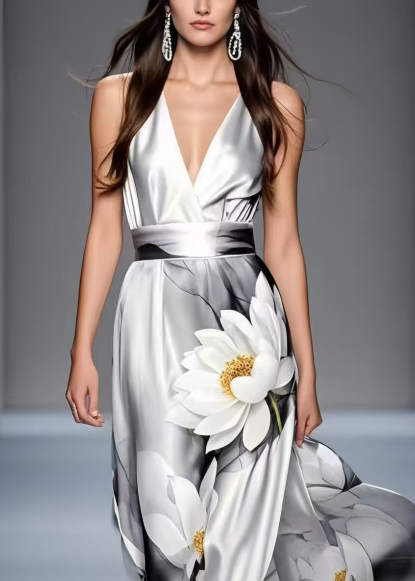 Grey Tie Dye Draping Silk Party Dresses Flower Print Summer