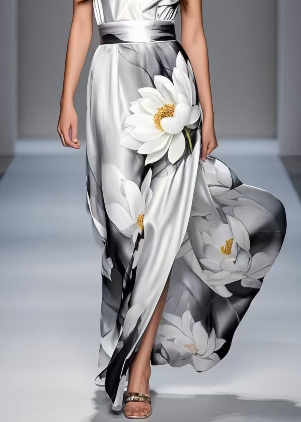 Grey Tie Dye Draping Silk Party Dresses Flower Print Summer