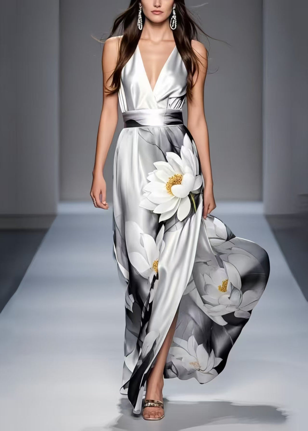 Grey Tie Dye Draping Silk Party Dresses Flower Print Summer