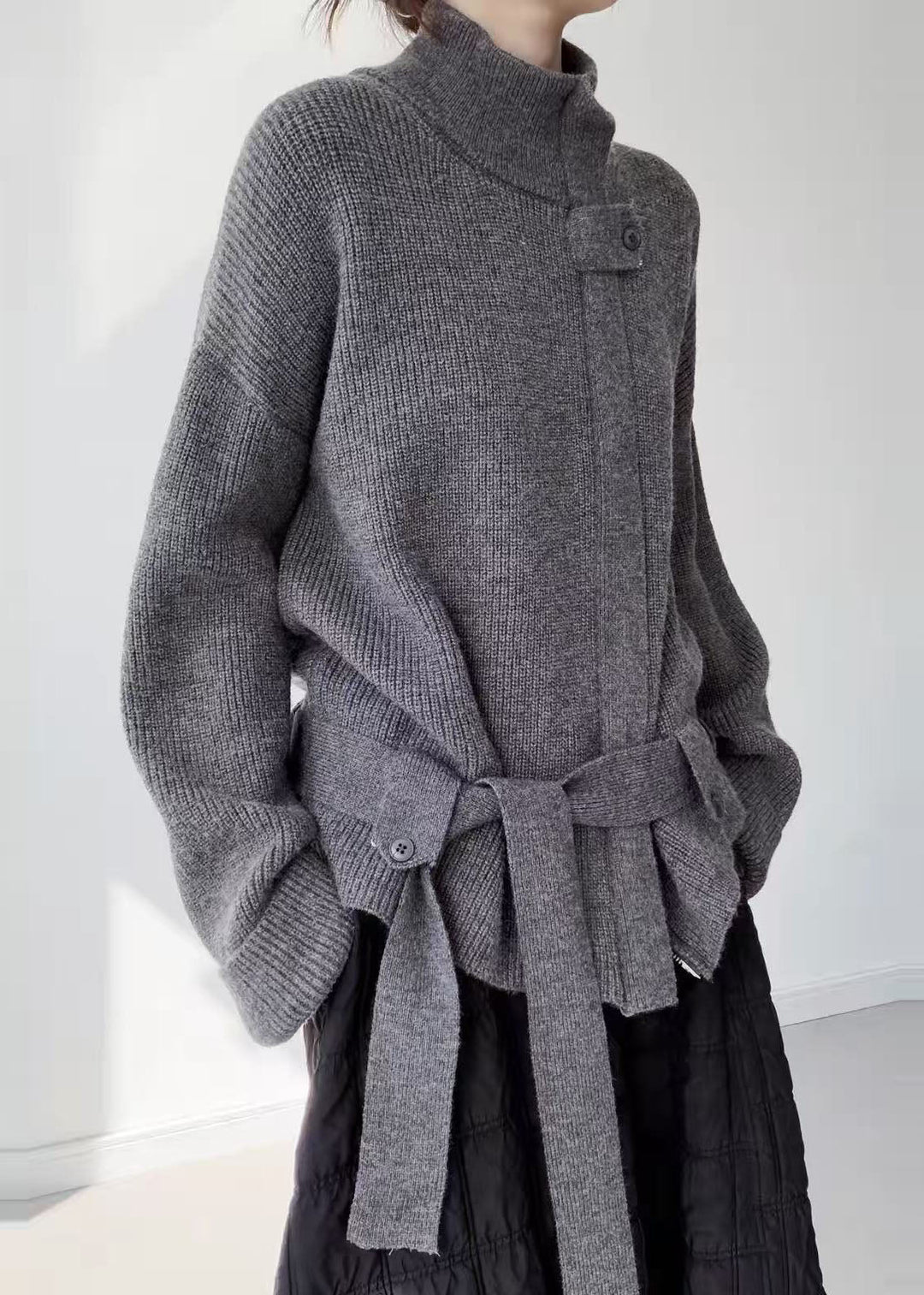 Grey Warm Knit Loose Coat Zip Up Stand Collar Winter