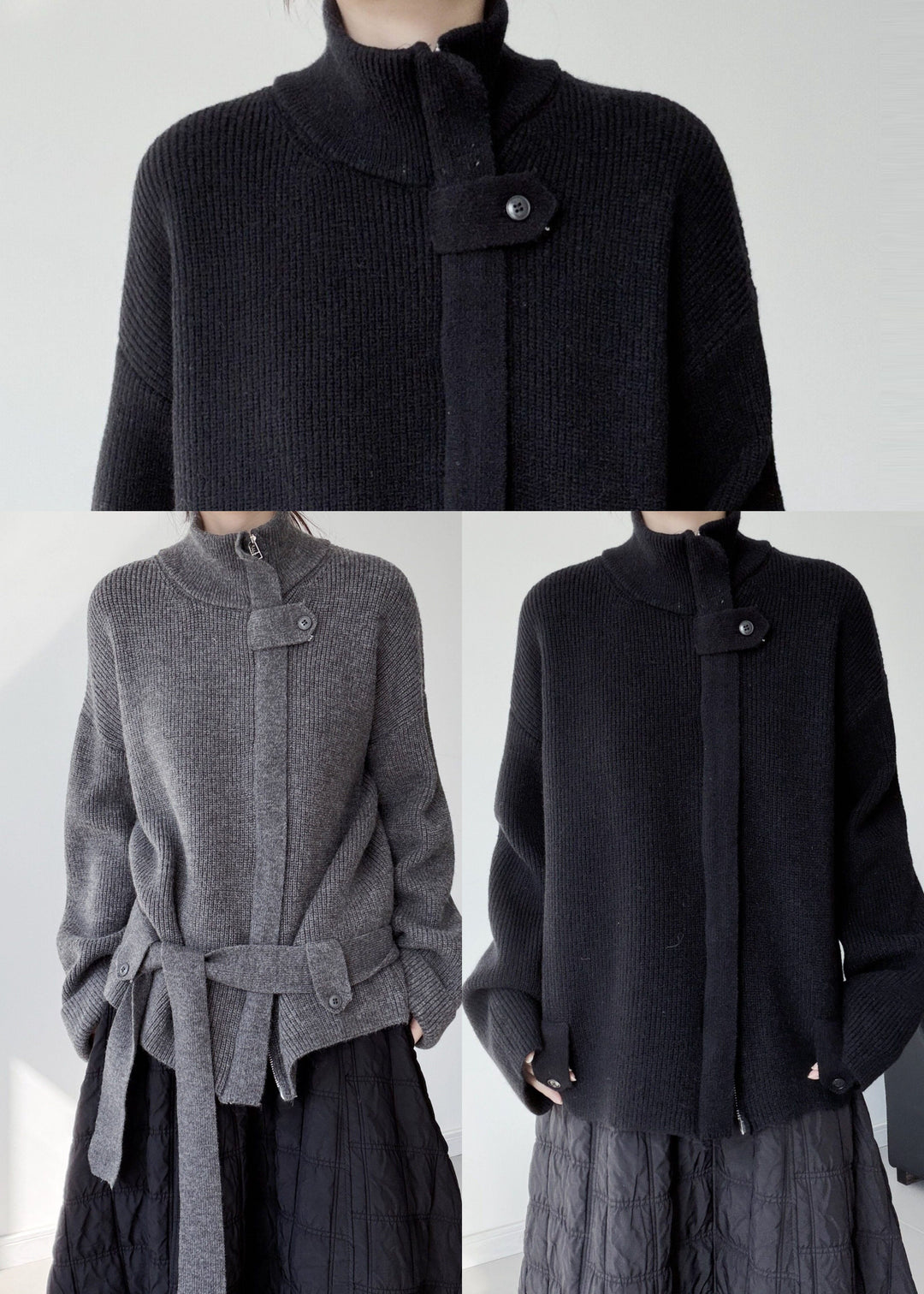 Grey Warm Knit Loose Coat Zip Up Stand Collar Winter