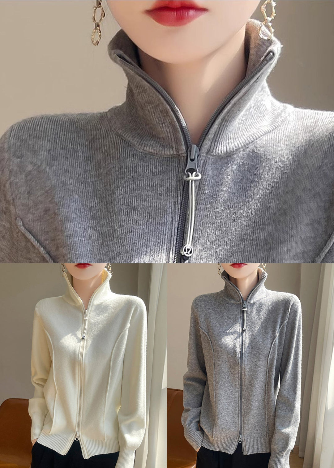 Grey Zip Up Cozy Knit Coats Stand Collar Long Sleeve