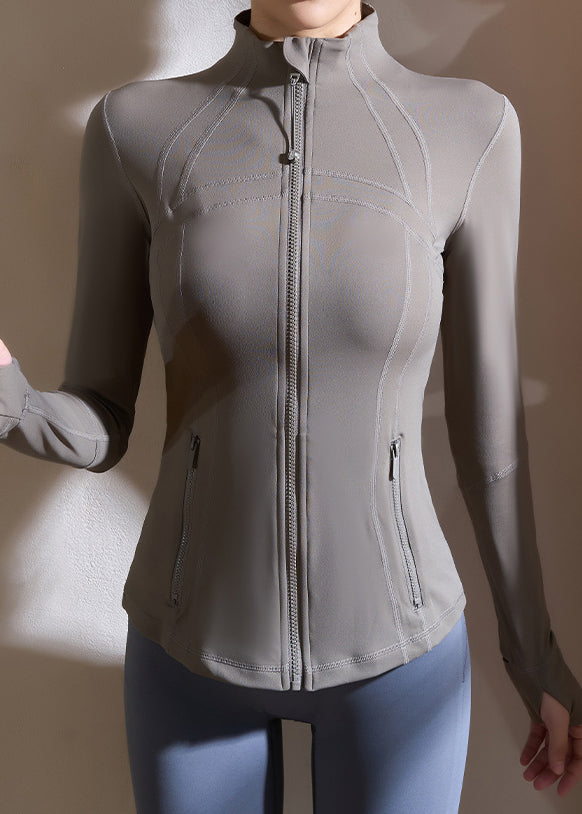 Grey Zippered Patchwork Fitting Workout Top Spring