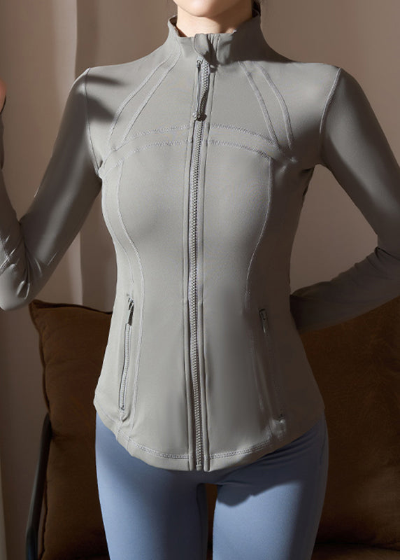 Grey Zippered Patchwork Fitting Workout Top Spring