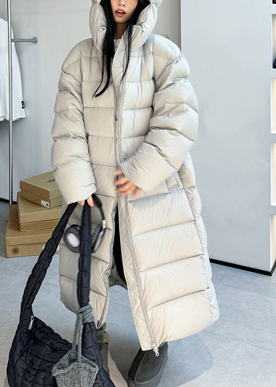 Grey Zippered Pockets Duck Down Winter Puffer Long Coat Hooded
