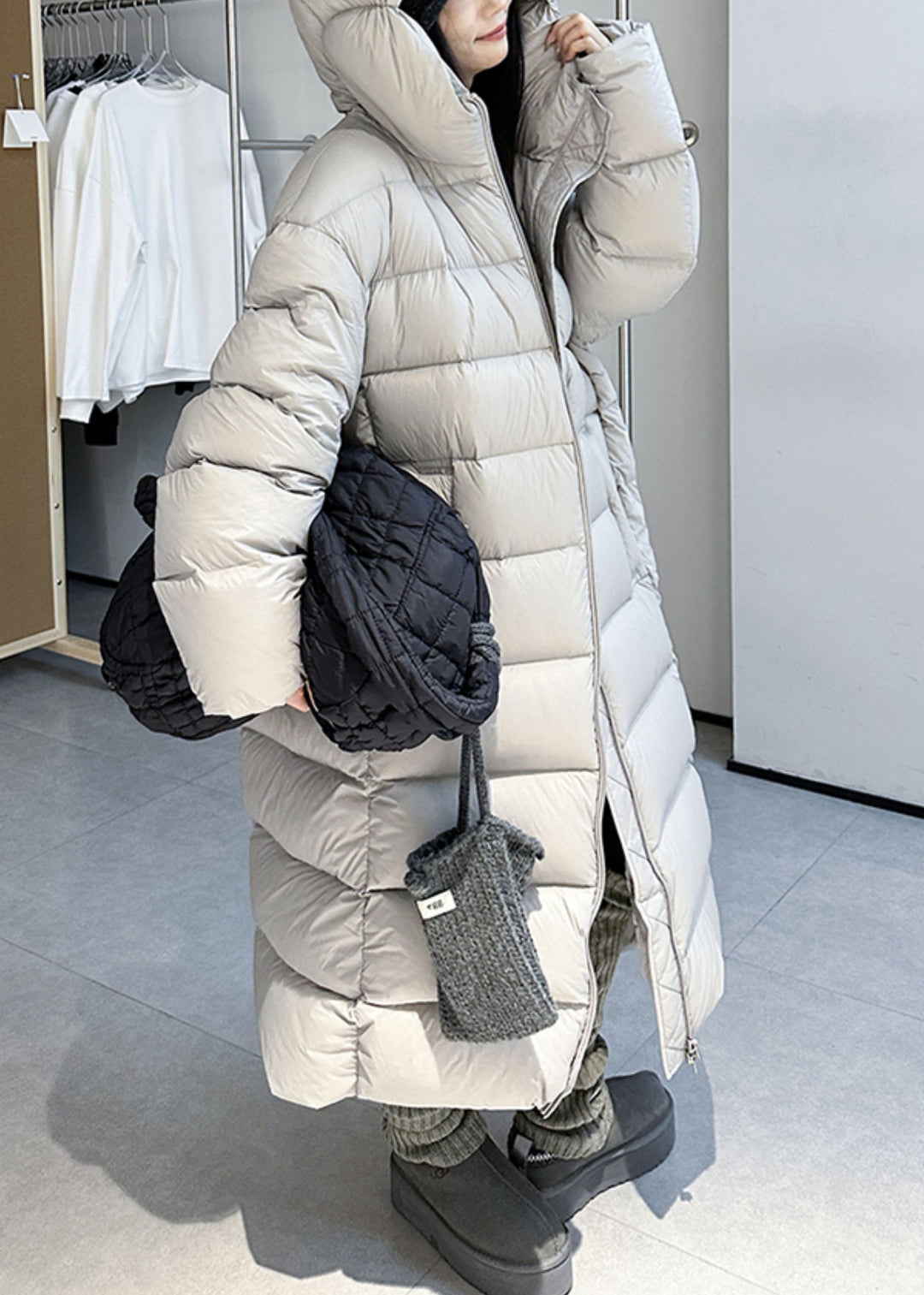 Grey Zippered Pockets Duck Down Winter Puffer Long Coat Hooded