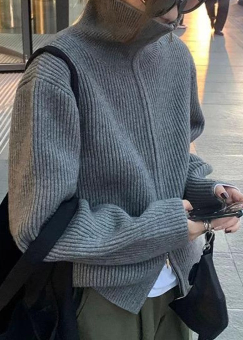 Grey Zippered Solid Cotton Coat Turtleneck Spring