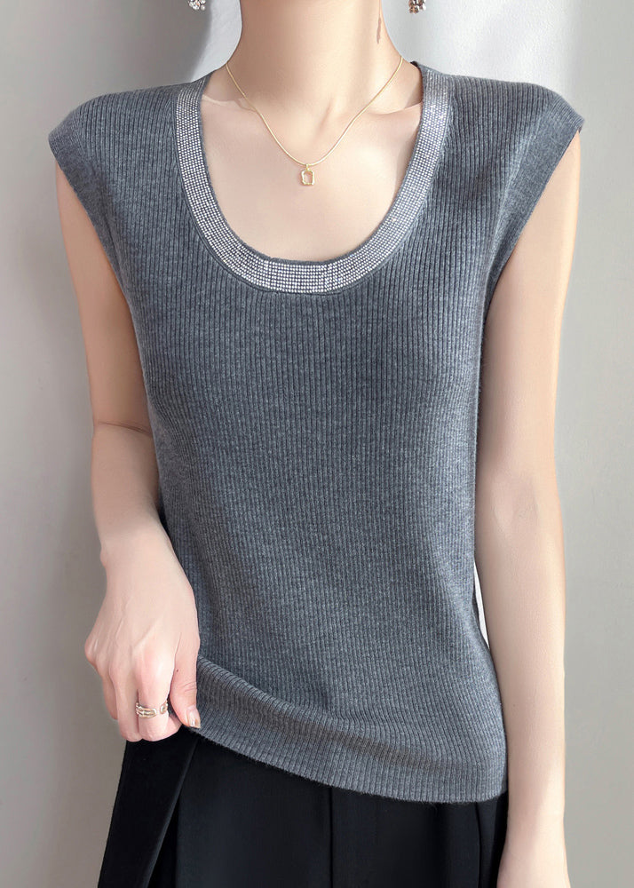 Grey Zircon Patchwork Knit Tank U Neck Sleeveless