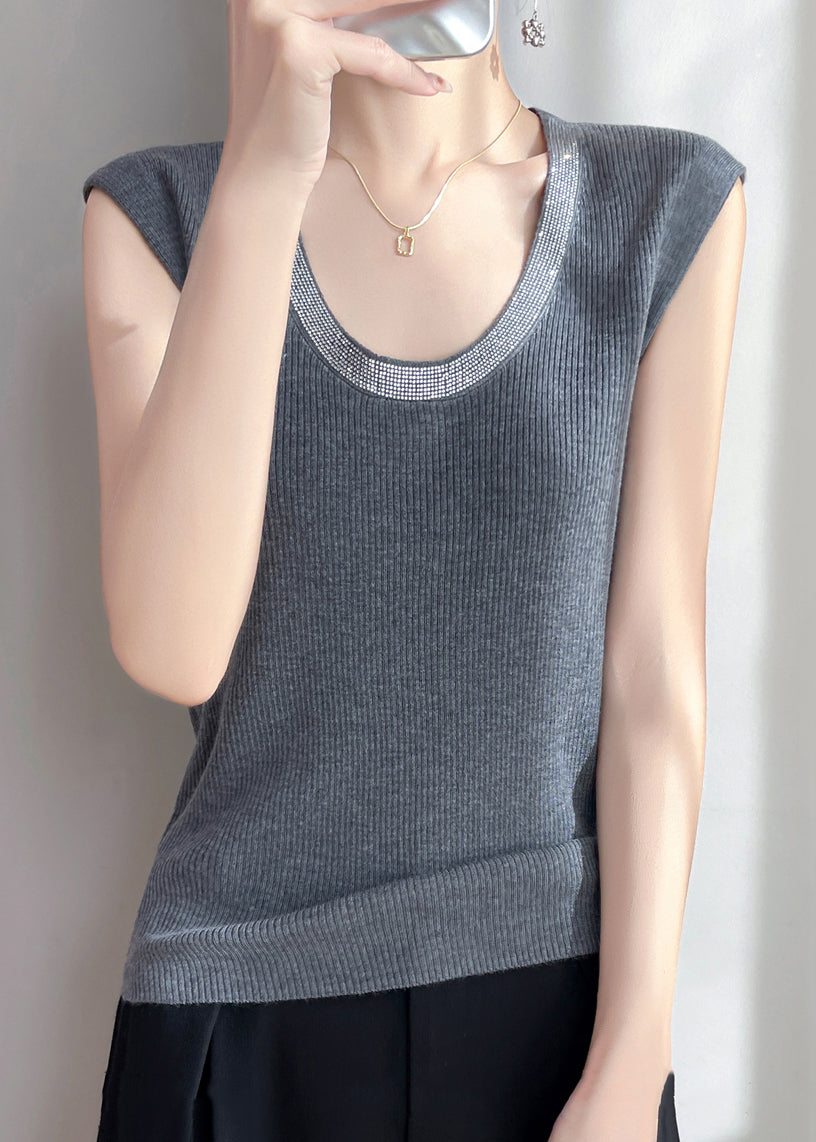 Grey Zircon Patchwork Knit Tank U Neck Sleeveless