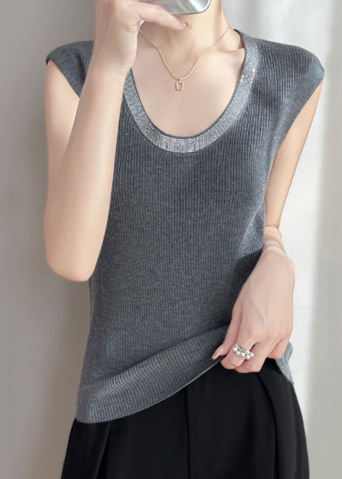 Grey Zircon Patchwork Knit Tank U Neck Sleeveless