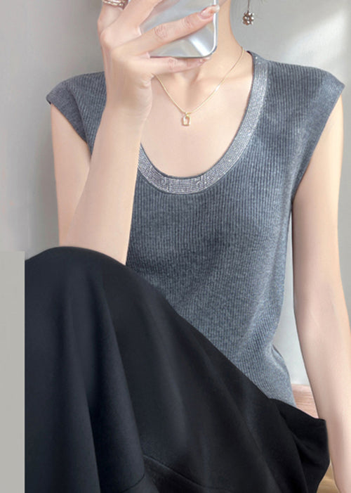 Grey Zircon Patchwork Knit Tank U Neck Sleeveless
