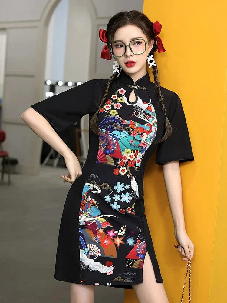 Summer Black Floral Print Cheongsam Dress Short Sleeve