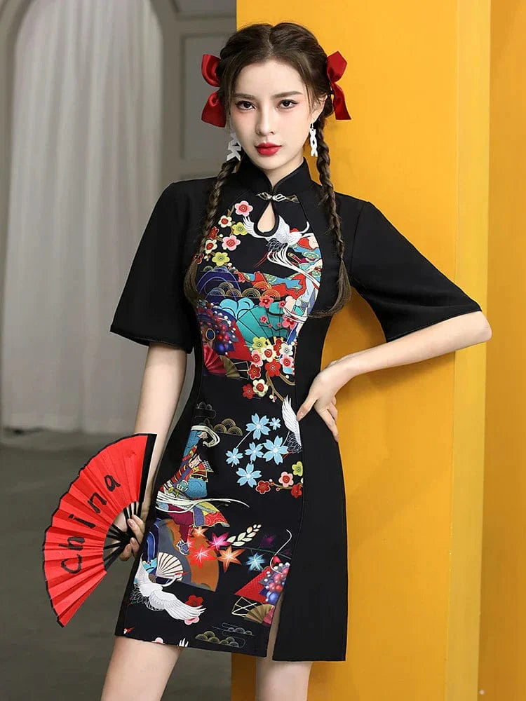 Summer Black Floral Print Cheongsam Dress Short Sleeve