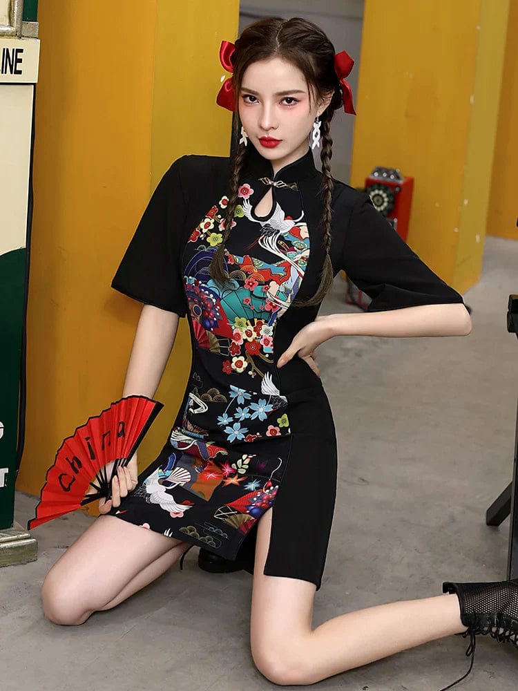 Summer Black Floral Print Cheongsam Dress Short Sleeve