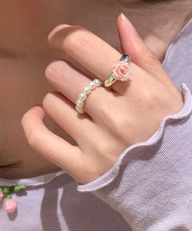 Handmade Alloy Pearl Floral Rings Two-Piece Set