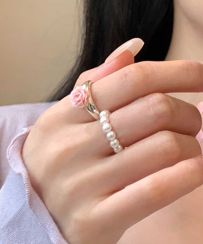 Handmade Alloy Pearl Floral Rings Two-Piece Set