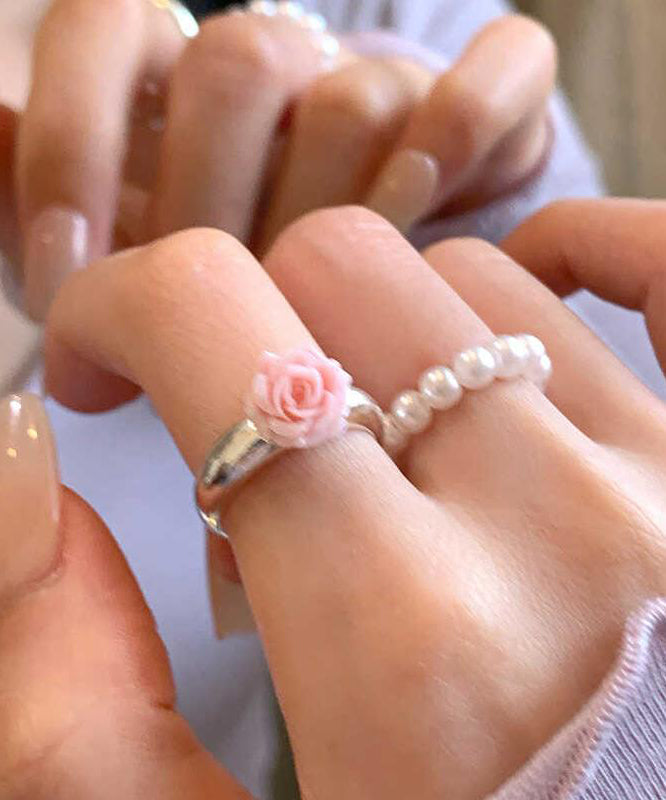 Handmade Alloy Pearl Floral Rings Two-Piece Set