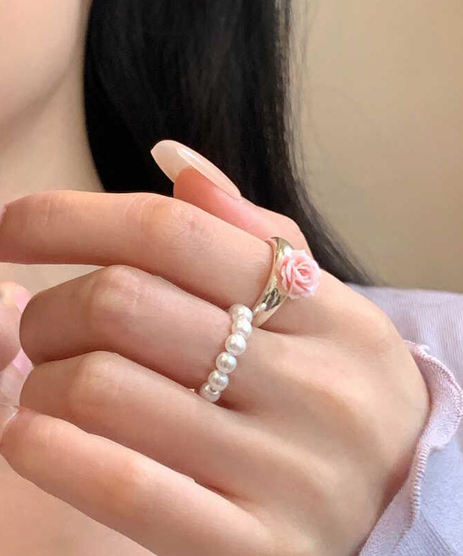 Handmade Alloy Pearl Floral Rings Two-Piece Set
