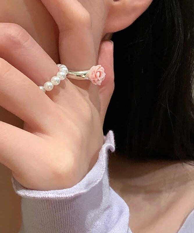 Handmade Alloy Pearl Floral Rings Two-Piece Set