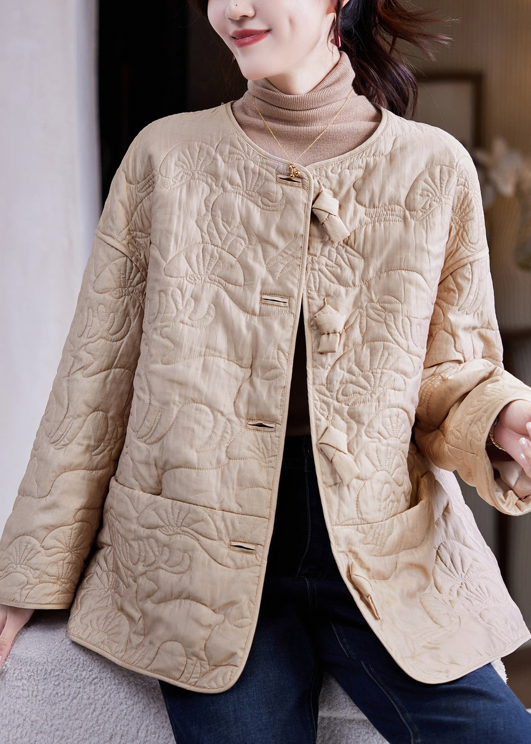 Handmade Apricot Bow Pockets Patchwork Print Parka Winter