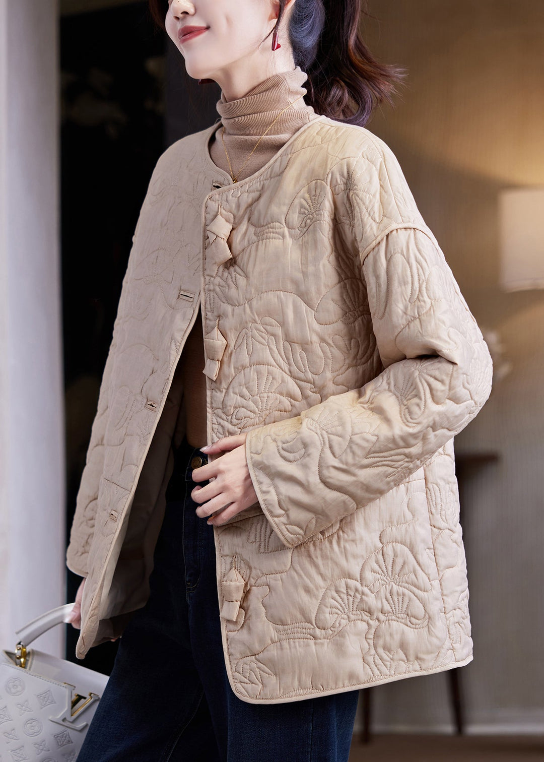 Handmade Apricot Bow Pockets Patchwork Print Parka Winter