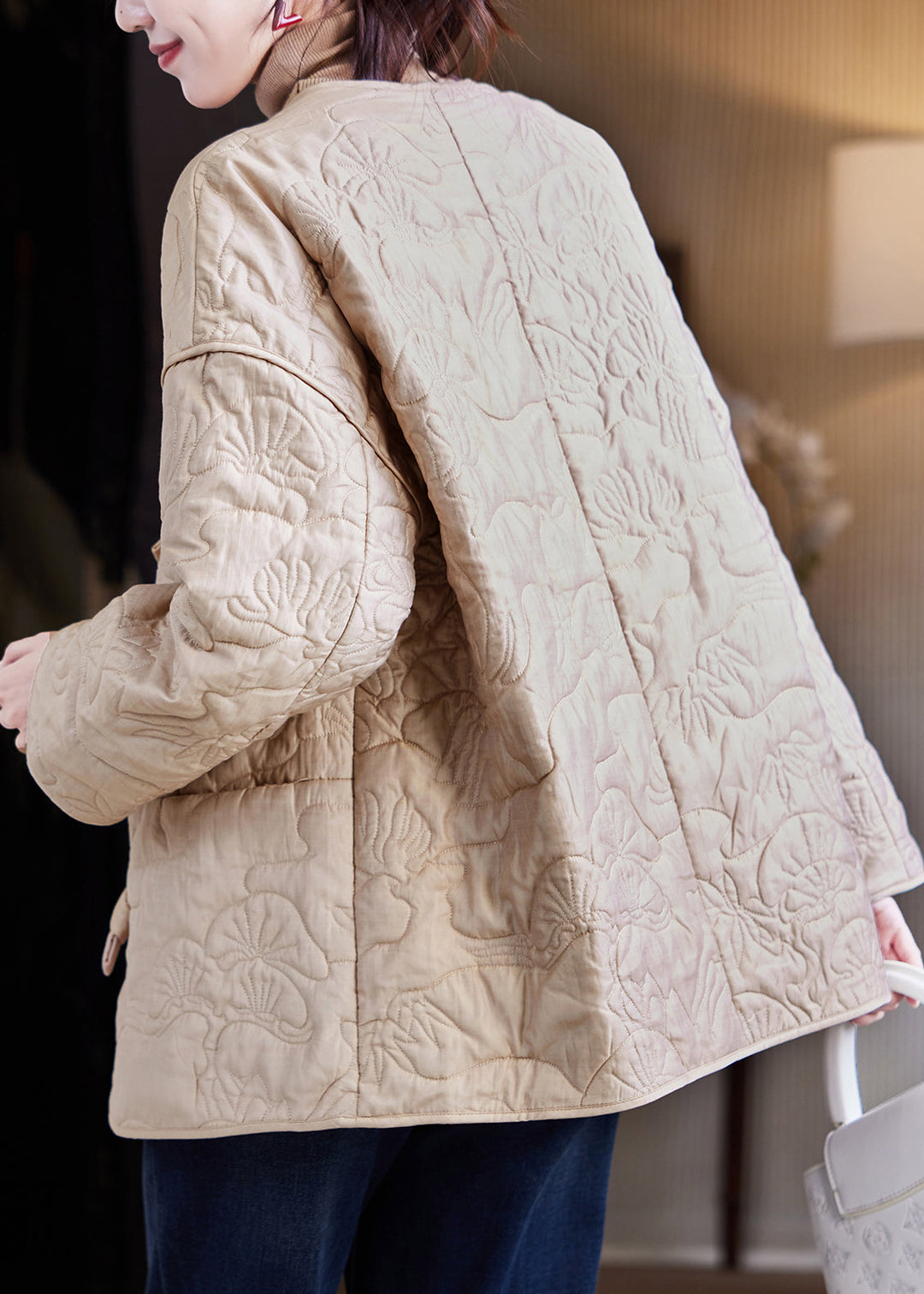 Handmade Apricot Bow Pockets Patchwork Print Parka Winter