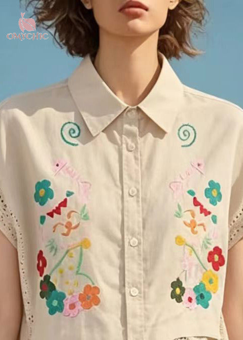 Handmade Apricot Embroidered Hollow Out Cotton Shirts Summer