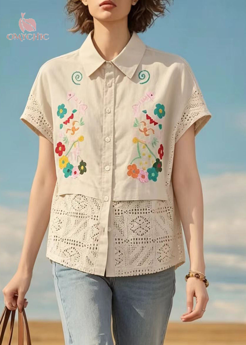 Handmade Apricot Embroidered Hollow Out Cotton Shirts Summer