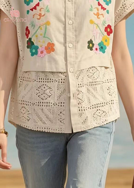 Handmade Apricot Embroidered Hollow Out Cotton Shirts Summer