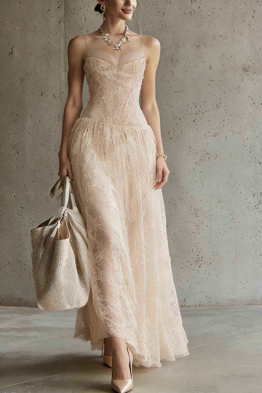 Handmade Apricot Embroidered Lace Spaghetti Strap Dress Sleeveless