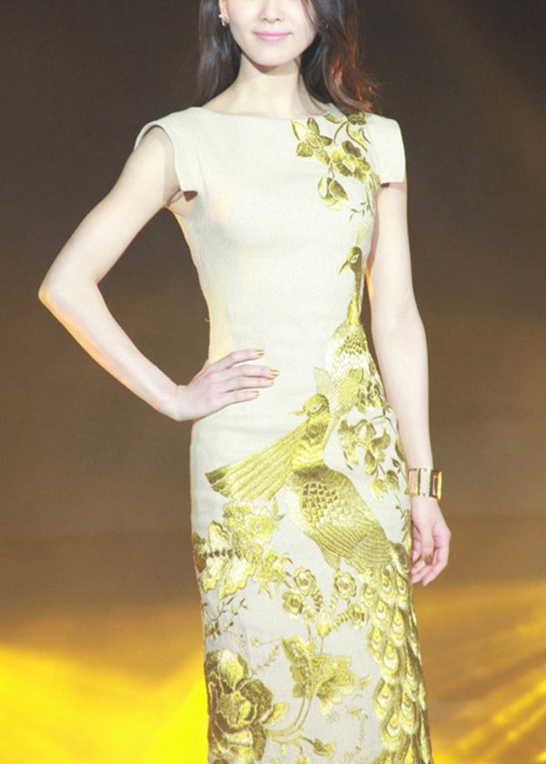 Handmade Apricot Embroidered Side Open Cotton Dresses Summer